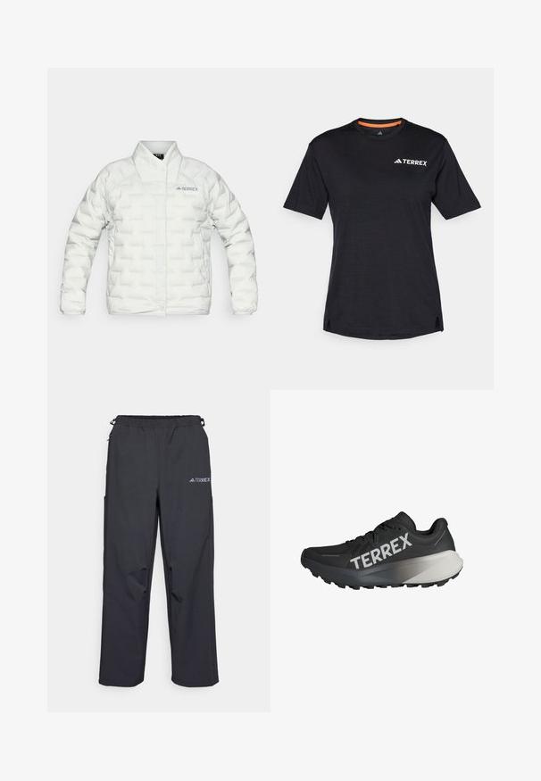 Bela napihnjena jakna s prešitim vzorcem, z gumbi za zapiranje in visokim ovratnikom. Na levi prsni strani ima logo "TERREX".; Črna kratkosleča majica s krocnim ovratnikom, ki ima subtilno heather teksturo in belo "TERREX" logo na zgornji levi strani.; Črne lahke hlače za prosti čas z elastičnim pasom, stranskimi žepi in logotipom na zgornjem desnem stegnu. Gladka, vodoodbojna tkanina.; Črne športne čevlje za tek z strukturo zgornjega dela, vidnim logotipom "TERREX" v beli barvi, obliko podplata v ožjem stilu in gradijentnim sivo-odtenkom na peti.