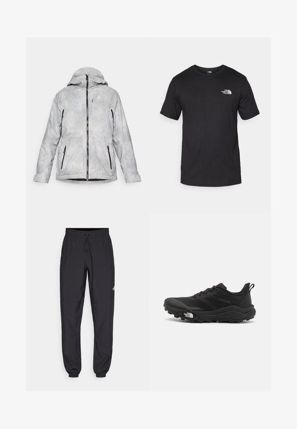 Gaiši pelēka izolēta jaka ar kapuci, ar režģa rakstu, melniem rāvējslēdzējiem un logo uz krūtīm. Vertikālas rāvējslēdzēja kabatas sānos.; Melna īsām piedurknēm T-krekls, kas izgatavots no kokvilnas, ar apaļu dekoltē un nelielu baltu logotipu augšējā kreisajā krūtīs.; Melni sporta bikses, kas izgatavotas no viegla auduma, ar savelcamu jostu, sānu kabatām un sašaurinātiem apakšējiem galiem pie potītēm.; Melnas taku skriešanas kurpes ar teksturētu virsu, gumijas zoli un pastiprinātu pirkstu daļu. Aprīkotas ar mīkstu apkakli un vilkšanas cilpu, lai viegli uzvilktu.