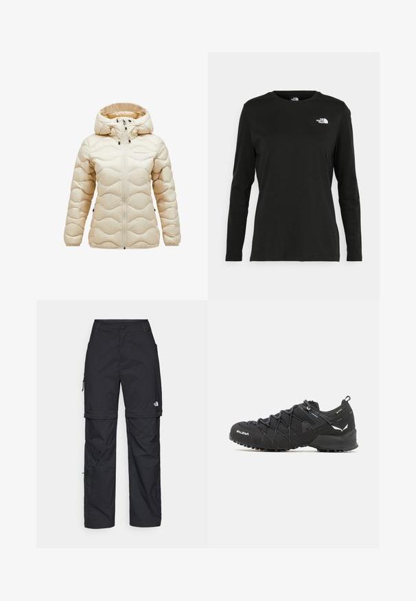 Jachetă puffer bej cu fermoar frontal, glugă și design matlasat cu model ondulat. Material elegant, lucios, cu accente de accesorii negre.; Iarna neagră cu mânecă lungă, din bumbac, cu guler rotund. Prezintă un mic logo alb în zona pieptului stâng. Design simplu și croi lejer.; Pantaloni cargo din nylon negru, cu fermoar detașabil, manșete ajustabile, multiple buzunare și un logo pe piciorul drept. Textură netedă și ușoară.; Pantofi de drumeție negri cu un superior din țesătură texturată, sistem de șireturi și talpă din cauciuc robustă. Accentați cu detalii reflectorizante și logo-uri.