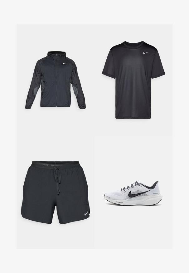 Lichtgewicht zwart jack met een rits aan de voorkant, capuchon en grijze mesh accenten op de mouwen. Kenmerkt zich door een subtiele logo op de borst en elastische manchetten.; Zwart sport T-shirt met korte mouwen, ronde hals, gemaakt van een gladde stof. Bevat een klein wit Nike-logo op de bovenste linkerzijde.; Zwarte lichtgewicht hardloopshorts van een geairde, ademende stof. Voorzien van een elastische tailleband, trekkoord en een klein wit Nike-logo.; Witte mesh hardloopschoen met zwarte accenten, voorzien van een gevoerde tussenzool, een gestructureerde zool en reflecterende veters voor verbeterde zichtbaarheid.