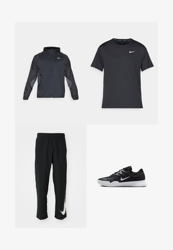 Giacca nera leggera con zip frontale, cappuccio e inserzioni in rete grigia sulle maniche. Presenta un logo discreto sul petto e polsini elasticizzati.; Maglietta da corsa Nike nera realizzata in materiale leggero e traspirante, con maniche corte e un piccolo logo bianco sul petto.; Pantaloni sportivi neri con cintura elasticizzata, design affusolato, caratterizzati da un grande logo Nike bianco sulla gamba sinistra. Tessuto morbido e leggero.; Scarpa sportiva nera con tomaia testurizzata, logo Nike swoosh bianco e suola in gomma bianca. Presenta un design con lacci e una forma dinamica.