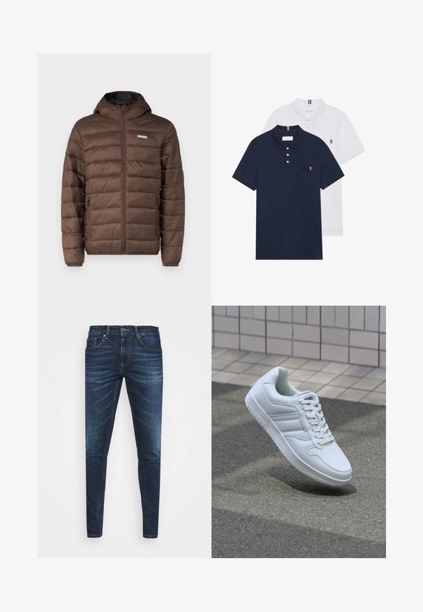 Brūns pūkains jaka ar kapuci, ar rāvējslēdzēju un elastīgiem apkakles galiem, izgatavota no spīdīga materiāla ar horizontālu quiltēšanas rakstu.; Divas polo kreklu komplekts: viens tumši zils un viens balts, abi ar mazu sarkanu, baltu un zilu akcentu uz krūšu kabatas un apkakles.; Tumši zili džinsi ar šauru piegriezumu, ar vieglu izbalēšanu, piecām kabatām un metalizētu pogu aizdari. Šuvju akcenti kontrastējošā krāsā.; Balti sporta apavi ar gludu ādas virsu, sasienamais priekšpuse, perforēts purngals un rakstaina zole. Minimālisma dizains ar trim sānu svītrām.