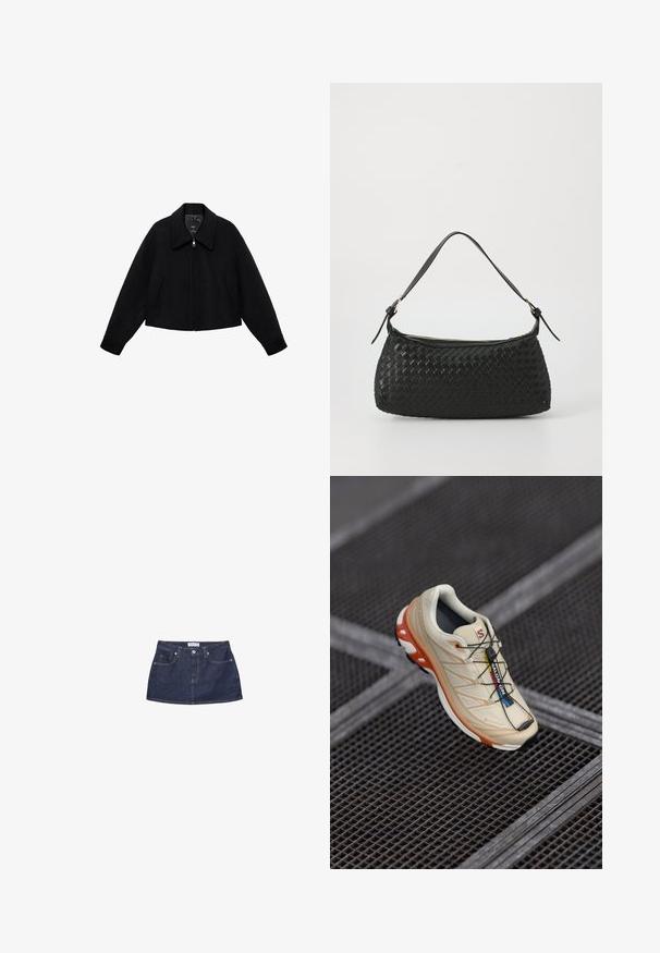 Čierna zateplená vlnená bunda na zips s širokým golierom a dvoma šikmými prednými vreckami, dlhými rukávmi a mierne skráteným strihom.; Svetlo šedý pletený sveter s okrúhlym výstrihom, spustenými ramenami a dlhými rukávmi. Mäkko štruktúrovaný materiál s rebrovaným lemom a manžetami.; Džínová mini sukňa v tmavom modrom odtieni so priliehavým pásom, prednými vreckami a metalickou prackou. Hladká štruktúra a klasický strih.; Béžová bežecká obuv s oranžovými akcentmi, navrhnutá s textúrovaným zvrškom, čiernou podrážkou a integrovanými šnúrkami. Obsahuje značku GORE-TEX.; Čierna tkaná taška cez plece s hladkým koženým remienkom a zipsovým uzáverom. Disponuje štruktúrovaným povrchom a zakriveným tvarom.