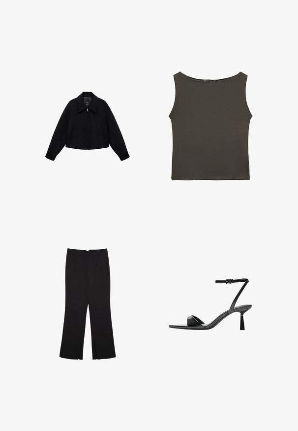 Musta villakangastakki vetoketjulla, jossa on leveä kaulus ja kaksi viistoa etutaskua, pitkät hihat ja hieman lyhyt malli.; Tummanharmaa, istuva hihaton toppi, jossa on pyöreä pääntie ja hihaton muotoilu, valmistettu sileästä, joustavasta kankaasta. Ei näkyviä kuvioita tai koristeita.; Mustat housut suoralinjaisella leikkauksella, joissa on etutaskut ja sivurei'ät helman alla. Valmistettu pehmeästä ja sileästä kankaasta. Sopii eri tilaisuuksiin.; Bershka Korolliset sandaalit - black