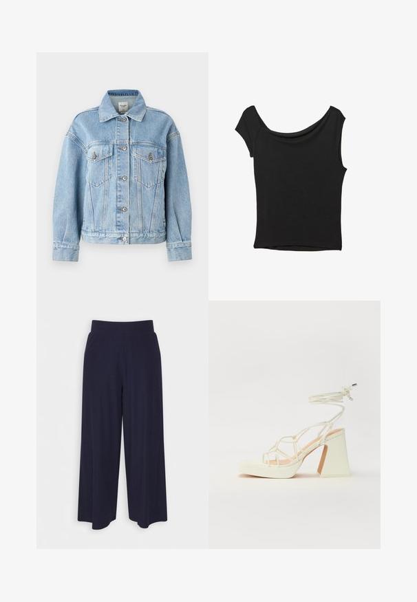 Abercrombie & Fitch Oversized Distressed Denim Trucker Jacket - Cowboyjakker - light; Sort kortærmet top lavet af glat stof; har en draperet halsudskæring og en asymmetrisk kant, med en tætsiddende pasform.; Bredde bukser i mørkeblå stof med en ribbet tekstur. Har en glat talje og en let silhuet, der når til midten af læggen.; Hvide højhælede sandaler med en kraftig hæl, der har et stropdesign og ankelbinding. Glat tekstur med en platform foran for ekstra højde.