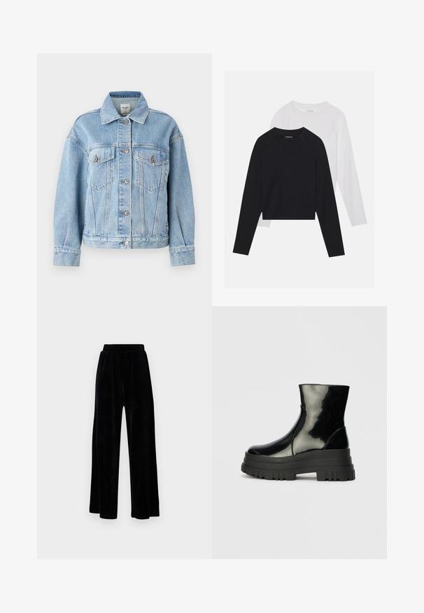 Abercrombie & Fitch Oversized Distressed Denim Trucker Jacket - Veste en jean - light; Deux chemises à manches longues : une noire et une blanche. Les deux présentent un col rond, des manches raglan et un tissu doux en mélange de coton.; Pantalons larges noirs en velours doux, dotés d'une taille élastique et d'une texture lisse, sans détails ni motifs visibles.; Bottines noires brillantes avec semelle lugg épaisse et bout rond, vue de côté sur un fond gris clair uni.