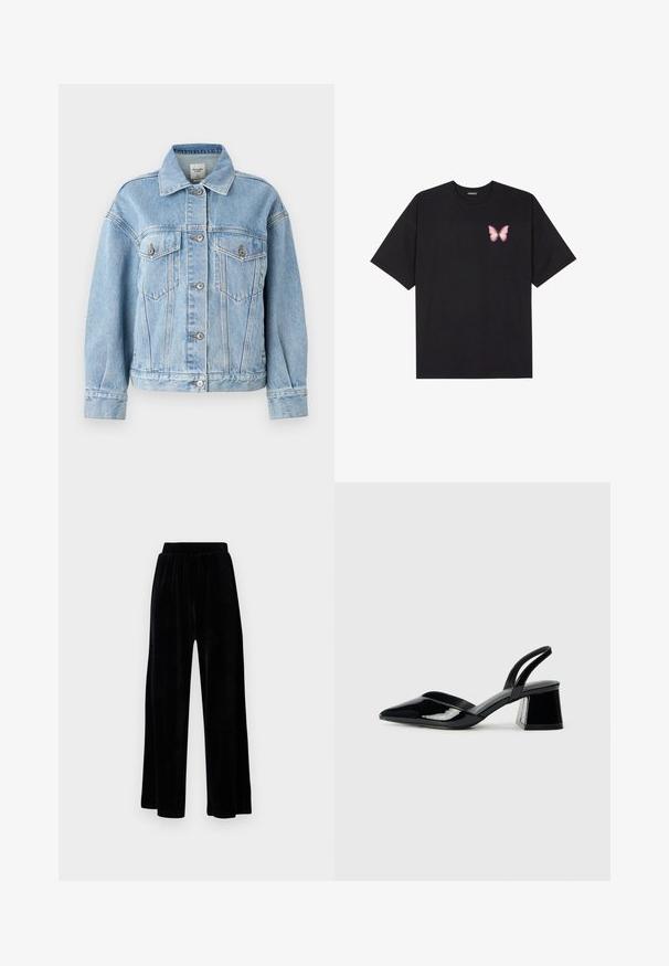 Abercrombie & Fitch Oversized Distressed Denim Trucker Jacket - Farmerdzseki - light; Fekete pamut póló rövid ujjakkal, bal mellkason egy kis rózsaszín pillangó grafikával. Kerek nyakú kialakítás, laza fazonnal.; Fekete, széles szárú nadrág puha velúrból, rugalmas derékkal és sima textúrával, látható díszítés vagy mintázat nélkül.; Fekete lakk bőr szandálkés magas sarkú cipő, hegyes orral és geometrikus tömbsarkakkal. Karcsú, minimalista dizájn és sima textúra jellemzi.