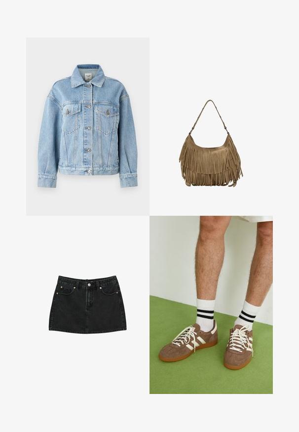 Abercrombie & Fitch Oversized Distressed Denim Trucker Jacket - Jeansjacka - light; Stradivarius HALTER WITH EMBROIDERY - Blus - black; Svart denim minikjol med framskjutsknappar, bälteslänger och två framfickor med kopparnitar, liggande platt på vit bakgrund.; Bruna mockaskor med vita detaljer och snören. Gummisula i beige. Bärs med vita strumpor med svarta ränder. Grön strukturerad golvyta.; Brun mockaskinns väska med långa fransdetaljer, en böjd form och ett enda axelband. Har en jämn, strukturerad yta.