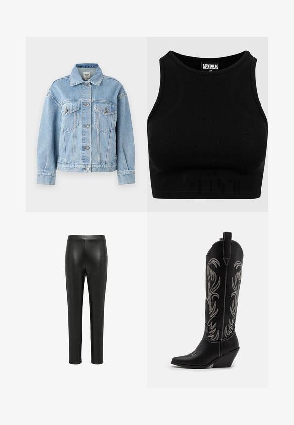 Abercrombie & Fitch Oversized Distressed Denim Trucker Jacket - Denim jacket - light; Black ribbed cropped top with a round neckline and sleeveless design. Made from a stretchy, textured fabric. Label reads "Urban Classics."; Black leather leggings with a fitted design, smooth texture, and a high waist. The legs taper down to ankle length, with no visible hardware.; Black leather cowboy boots with pointed toes, wedge heels, and silver embroidered floral patterns along the shaft. Contrast stitching throughout.