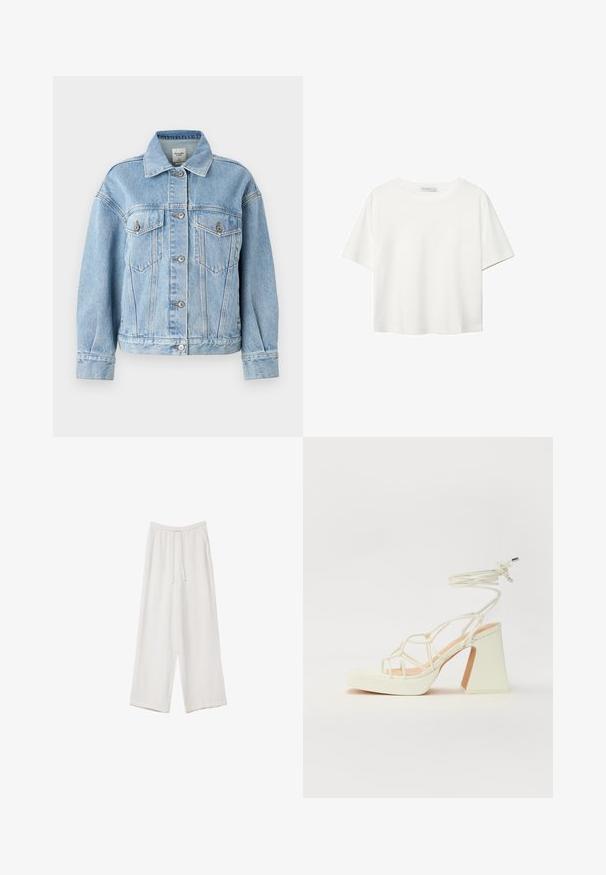 Abercrombie & Fitch Oversized Distressed Denim Trucker Jacket - Jeansjacke - light; Weißes T-Shirt mit kurzen Ärmeln aus Baumwolle. Hat einen Rundhalsausschnitt und eine lockere Passform. Glatte Textur ohne sichtbare Muster oder Akzente.; Weiße weit geschnittene Hose aus leichtem Stoff. Mit einem elastischen Bund und Kordelzug sowie Seitentaschen. Glatte Textur.; Weiße High-Heel-Sandale mit einem klobigen Absatz, die über ein Riemchendesign und ein Knöchelband verfügt. Glatte Textur mit einer Plattform vorne für zusätzliche Höhe.