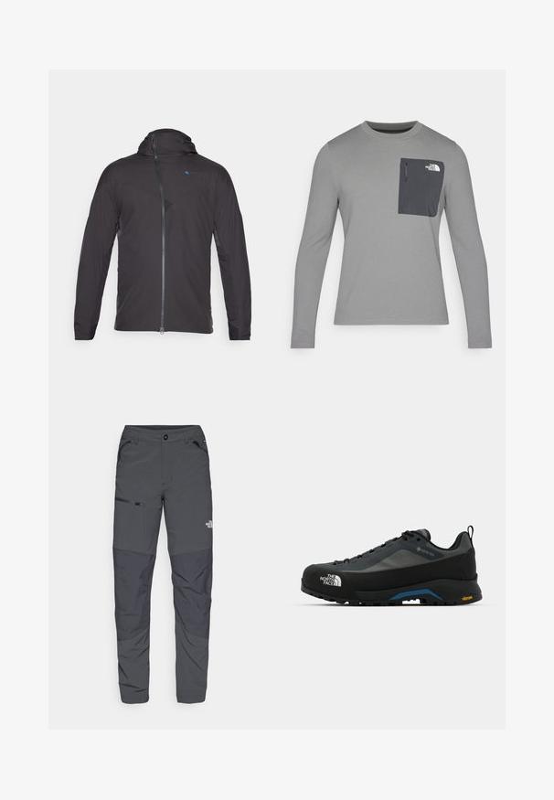 Juodas sportinis džemperis su gobtuvu, turintis priekinį užtrauktuką, kontrastingą mėlyną logotipą ir tekstūrinius elementus ant pečių bei šonų.; Ilgų rankovių pilkas marškinis su tekstūruota medžiaga, kuris turi tamsiai pilką krūtinės kišenę ir užtrauktuką. Kišenėje baltas logotipas.; Pilki lauko kelnės su lygiu tekstūru, turinčios šoninį kišenę su užtrauktuku, sustiprintus kelių skyrius ir subtilią logotipo detalę.; The North Face VERTO ALPINE GORE TEX - Turistiniai batai - asphalt grey/tnf black