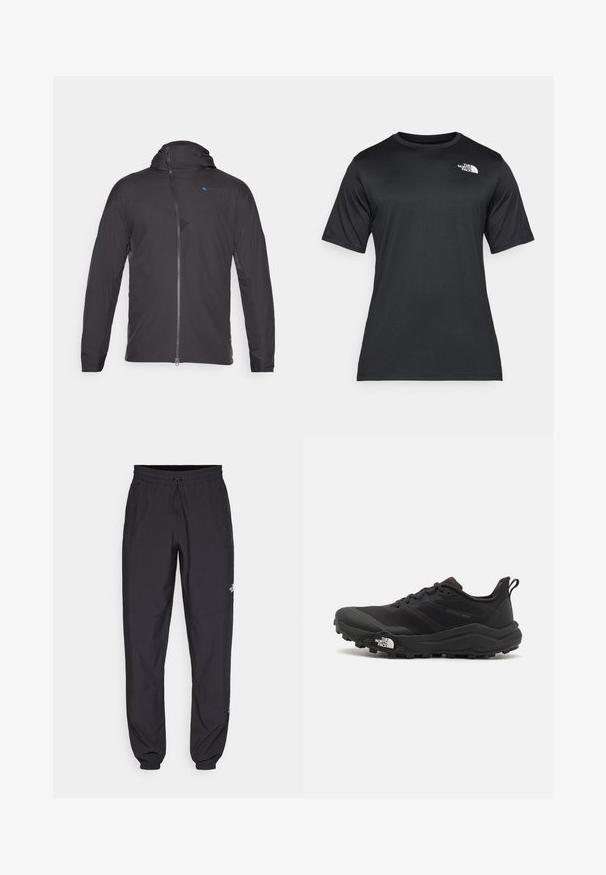 Black athletic jacket with a hood, featuring a front zipper, contrasting blue logo, and textured panels on the shoulders and sides.; Black short-sleeve t-shirt made of lightweight, moisture-wicking fabric. Features a white logo on the left chest and a crew neckline.; Black athletic pants made from lightweight fabric, featuring a drawstring waistband, side pockets, and tapered cuffs at the ankles.; Black trail running shoe with a textured upper, rubber sole, and reinforced toe cap. Features a padded collar and pull tab for easy wear.