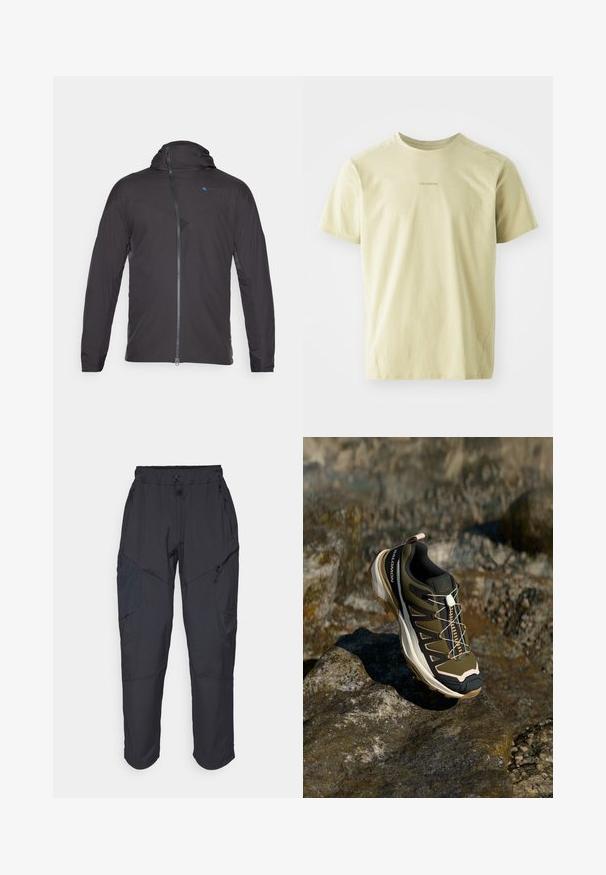 Zwart sportjack met capuchon, voorzien van een frontzipper, contrasterend blauw logo en textuuroverlays op de schouders en zijkanten.; Salomon TRACKLINE TEE - Sport T-shirt - gray green; Zwarte cargo pants gemaakt van een lichtgewicht, waterafstotend materiaal; voorzien van een elastische tailleband, meerdere met rits gesloten zakken en taps toelopende pijpen.; Wandelshoe in olijfgroen en zwart met roze accenten. Beschikt over een gestructureerd bovenwerk, flexibele zool, versterkte neuzen, en een kleurrijk vetersysteem.