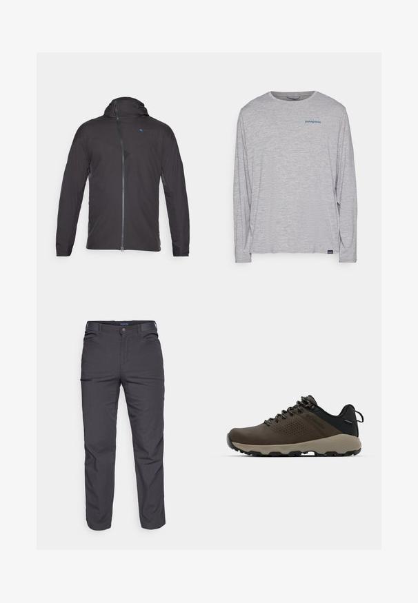 Musta urheilu takki hupulla, jossa on etuvetoketju, kontrastivärinen sininen logo ja tekstuuriset paneelit olkapäillä ja kyljissä.; Vaaleanharmaa pitkähihaisuus t-paita, joka on valmistettu pehmeästä ja teksturoidusta kankaasta. Siinä on pyöreä kaula-aukko ja pieni sininen Patagonia-logo rinnassa.; Tummanharmaat housut, jotka on valmistettu kestävästä kankaasta. Niissä on vetoketjullinen tasku, suora leikkaus ja vyölenkit säädettävää istuvuutta varten.; Ruske vedenäyttävät lenkkarit, joissa on tekstuuroitu päällinen, reikiä korostavia yksityiskohtia, musta kantatuki ja harmaa kumipohja. Kiristysnauhoissa on metalliset päät.