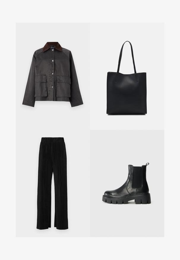 Casaco cinza escuro com um colarinho de veludo cotelê castanho, botões de pressão e dois grandes bolsos frontais. Apresenta um design rectangular com mangas longas.; T-shirt de algodão preto com mangas curtas, apresentando um pequeno gráfico de borboleta rosa no lado esquerdo do peito. Design de gola redonda com um corte solto.; Calças pregueadas pretas com uma cintura elástica. Apresentam pernas largas e um tecido liso, texturizado com riscas verticais.; Bota de tornozelo em couro preto com painéis laterais em elastano, sola espessa com ranhuras e alça de puxar em fundo cinza claro, vista lateral.; Bolsa tote preta em couro com textura lisa, forma retangular e duas alças longas. Sem hardware ou enfeites visíveis.