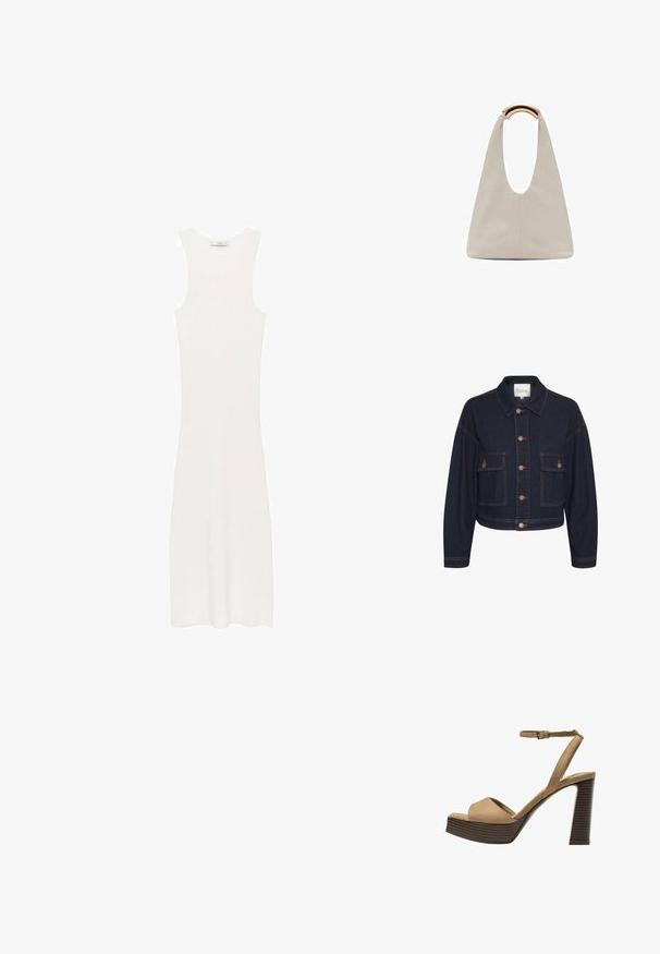 Tmavomodrá džínová bunda s golierom, zapínaním na gombíky a dvoma prednými vreckami. Obsahuje kontrastné šitie a skrátený strih.; Biela, bezrukávová, rebrovaná pletená šaty s obopínajúcou siluetou, dosahujúce pod kolená. Jednoduchý a minimalistický dizajn, bez vzorov alebo kovových doplnkov.; Bežové semišové sandále na vysokom opätku s širokým predným pásom a pásikom okolo členka, ktoré majú masívny drevený blokový opätok s textúrovaným povrchom.; Svetlosivá kožená taška s U-tvarom a zakrivenou kovovou rukoväťou. Hladký povrch s minimálnym prešívaním a bez viditeľných vzorov.