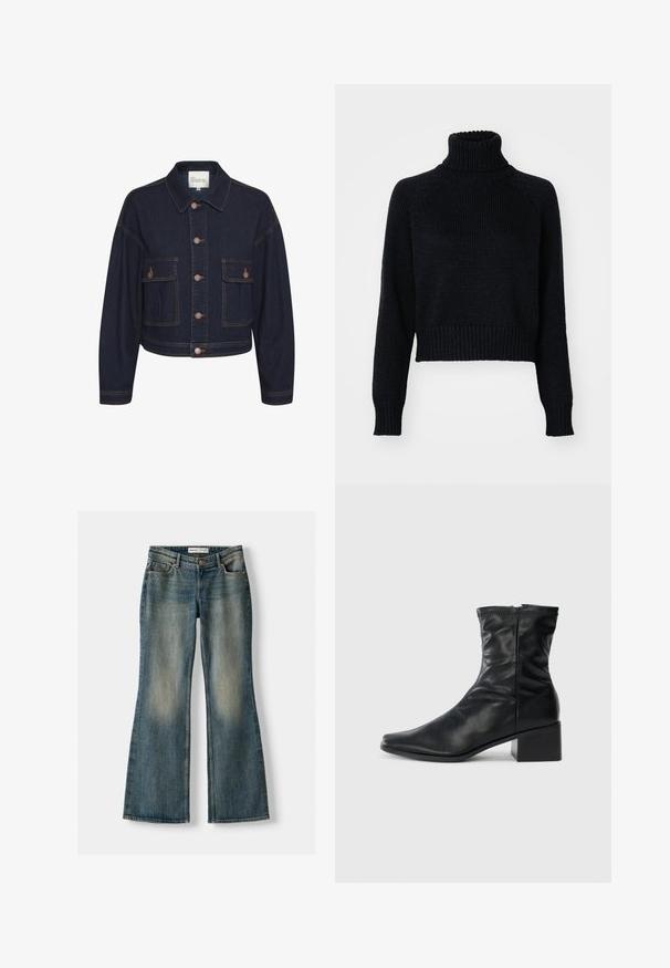 Tmavomodrá džínová bunda s golierom, zapínaním na gombíky a dvoma prednými vreckami. Obsahuje kontrastné šitie a skrátený strih.; Tmavý pletený rolák so skráteným strihom, s rebrovanými manžetami a spodným lemom a textúrovaným tkaním po celej ploche.; Modré vyšívané džínsy s vyblednutým vzhľadom, piatimi vreckami a zapínaním na gombík. Materiál zobrazuje denimovú textúru s jemnými švovými detailmi.; Čierna kožená čižma po členky so štvorcovou špičkou, bočným zipsom a blokovým podpätkom na bielom pozadí.