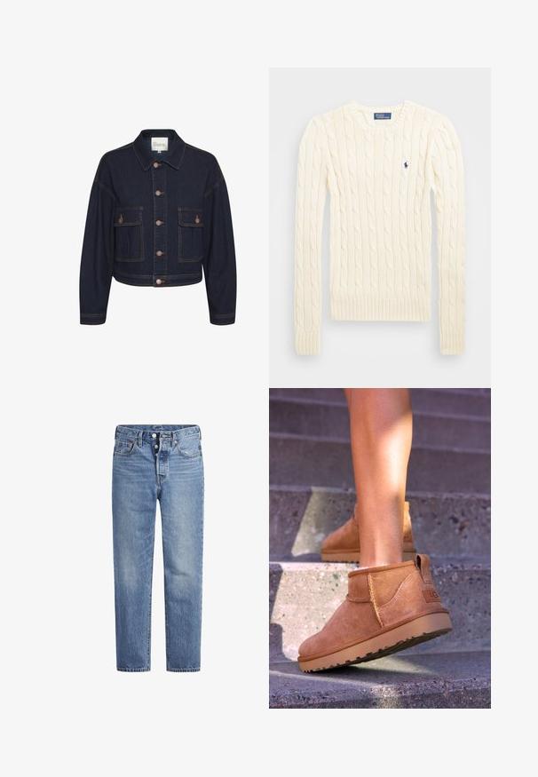 Tmavě modrá džínová bunda s límcem, zapínáním na knoflíky a dvěma předními kapsami. Má kontrastní švy a zkrácený střih.; Krémový svetr s pleteným vzorem, dlouhými rukávy, žebrovanými manžetami a lemem, se malým vyšívaným logem na levé hrudi.; Světle modré džíny s rovný střih, designem s pěti kapsami a knoflíkovým zapínáním. Mají jemné vyblednutí a oranžové prošití.; Světlé semišové kotníkové boty s měkkou strukturou, prošívanými detaily a gumovou podrážkou, s okrouhlým podpatkem pro snadné obouvání.
