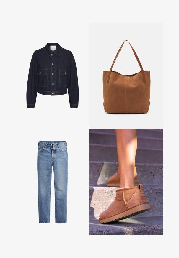Temno modra jeans jakna s ovratnikom, gumbnim zapiranjem in dvema sprednjima žepoma. Ima kontrastne šive in skrajšan dizajn.; Krem pulover s kablom in dolgimi rokavi, žebljarji na manšetah in ob robu, vsebuje majhen izvezen logotip na levem prsnem delu.; Svijetloplave traperice ravnog kroja s pet džepova i dugmetom. Imaju suptilno izbljeđivanje i narančaste detalje šavova.; Svetlosive nobuck gležnjarji z mehko teksturo, všitimi detajli in gumijastim podplatom, z zanko na peti za enostavno obuvanje.; Rjava nubuk torba z dvema dolgima ročajema, ki ima gladko teksturo, preprost dizajn in brez vidnih kovinskih delov ali okrasov.