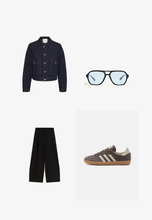 Jachetă din denim albastru închis, cu guler, închidere cu buton și două buzunare frontale. Prezintă cusături contrastante și un design scurt.; Tricou alb dintr-un material moale și ușor. Prezintă un decolteu rotund și mâneci scurte, largi, cu un croi lejer. Fără modele vizibile.; Pantaloni negri cu croi larg, confecționați dintr-un material satinat, cu talie înaltă, pliseuri în față și fără embellishments sau modele vizibile.; Tenisi din piele maro cu trei dungi de culoare deschisă, talpă din cauciuc de tip gumă, vârf rotunjit și accente din suede texturat la călcâi și vârf.; Ochelari de soare negri cu rame rectangulare, lentile cu nuanță albastră și un design distinctiv al punții. Finisaj elegant, textură subtilă.; Geantă de mână bej din piele cu o formă unică, dotată cu două mânere scurte și o curea lungă ajustabilă. Textură netedă, cu hardware minim.