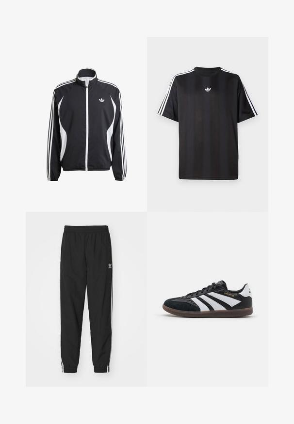 Black zip jacket with white accents, featuring three white stripes along each sleeve and a small white logo on the chest. Lightweight material.; Black short-sleeve t-shirt with white three-stripe detailing on shoulders and a small white logo on the chest. Smooth fabric texture.; Black track pants with elastic waistband and cuffs, featuring white side stripes and a small white Adidas logo on the left hip.; Black and white athletic shoes with suede and synthetic upper, featuring three distinct white stripes, rubber sole, and gold "Predator" text.