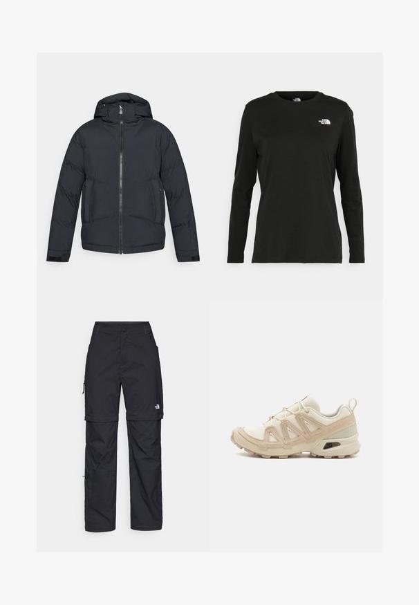 Czarna puchowa kurtka z kapturem, zapinana na zamek błyskawiczny, z bocznymi kieszeniami. Posiada pikowaną fakturę i wykonana jest z lekkiego, ocieplającego materiału.; Czarna koszulka z długim rękawem z bawełny z okrągłym dekoltem. Posiada niewielkie białe logo po lewej stronie na piersi. Prosty design i fason.; Czarne nylonowe spodnie cargo z odpinanymi nogawkami, regulowanymi mankietami, wieloma kieszeniami oraz logo na prawej nogawce. Gładka, lekka tekstura.; Beżowe i kremowe buty sportowe z teksturowanej siateczki, wspierającymi nakładkami oraz gumową podeszwą z wzorem bieżnika zapewniającym przyczepność.