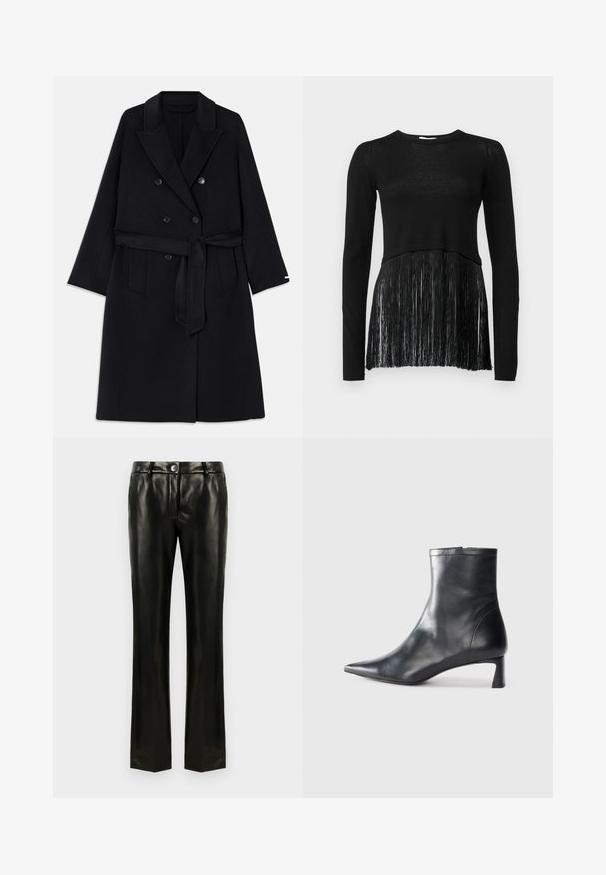 Casaco preto em mistura de lã com design de duplo fecho, grandes lapelas e um cinto de tecido. Apresenta dois bolsos frontais e uma textura suave.; Camisola preta de manga longa com um corpo tricotado e uma parte inferior com franjas. A textura é lisa na parte superior e com franjas na barra.; Calças retas pretas em couro sintético com fecho de botão e zíper, passantes para cinto e bolsos laterais, apresentadas contra um fundo branco.; Bota de tornozelo em pele preta com biqueira apontada e um design elegante. Apresenta um salto baixo e um fecho com zipper na parte de trás. Textura suave.