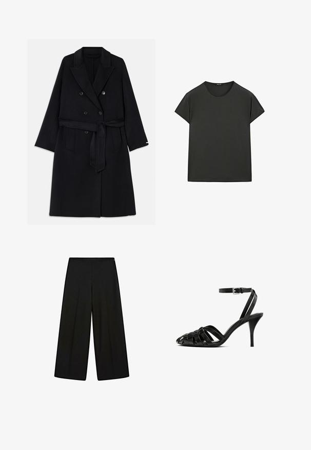 Black wool-blend coat with a double-breasted design, large lapels, and a fabric belt. Features two front pockets and a smooth texture.; Black short-sleeve T-shirt made from soft fabric, featuring a round neckline and a relaxed fit, with clean, simple lines and no patterns.; Black wide-leg trousers made of soft fabric, featuring a high waist and pleats, with a smooth texture and no visible embellishments.; Black leather high-heeled sandal with an ankle strap, featuring woven straps across the toe, a smooth finish, and a pointed toe shape.