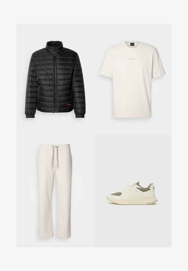Crna puffer jakna s horizontalnim kestenjem, visokim ovratnikom, prednjim patentnim zatvaračem i elastičnim manžetama. Crveni "HUGO" logo na donjoj lijevoj strani.; BOSS TEE - Osnovna majica kratkih rukava - open white; Kremaste ležerne hlače s pojasom na vezanje i ravnim nogavicama, prikazane na jednostavnoj bijeloj pozadini.; Bijele i svijetlosmeđe sportske tenisice, sa mrežastim gornjim dijelom, perforiranim detaljima i teksturiranim međutrakom sa brendom na peti.