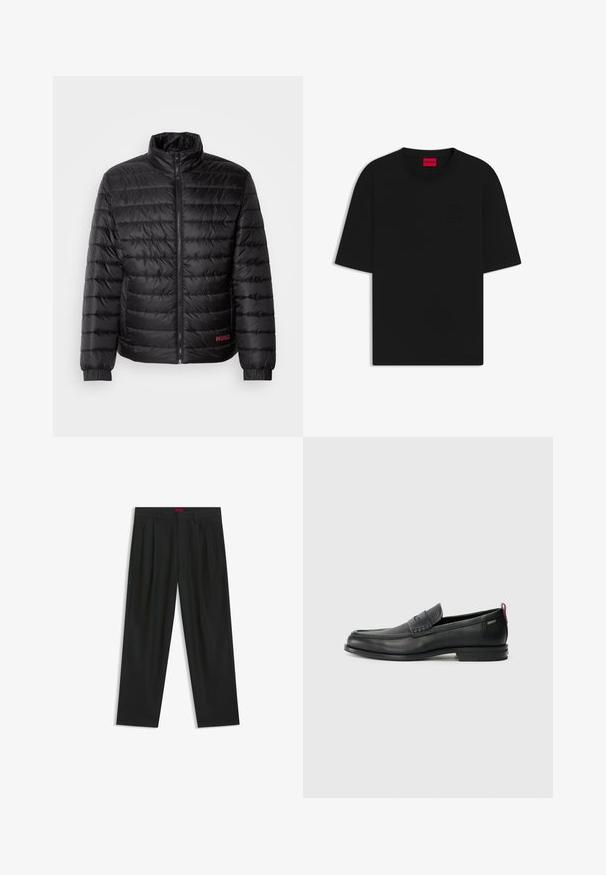 Black puffer jacket with horizontal quilting, high collar, front zipper, and elastic cuffs. Red "HUGO" logo on the lower left.; Black short-sleeve t-shirt made from cotton, features a crew neck and embossed logo on the front, with a relaxed, loose fit.; Black trousers with a pleated design, wide leg shape, and a smooth texture. Features a red waistband tag.; Black leather loafers with a textured front panel and smooth sides. Features a slim heel and rear loop for easy wear. Classic design.