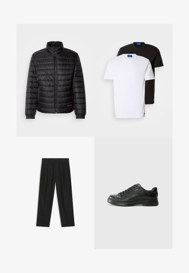 Sort pufferjakke med vandret quiltning, høj krave, frontlynlås og elastiske manchetter. Rød "HUGO"-logo nederst til venstre.; To T-shirts stablet: en hvid og en sort. Korte ærmer, runde halsudskæringer, stof af bomuld. Har et lille blåt logo ved halsudskæringen.; Sorte bukser med plisseret design, bred benform og en glat tekstur. Har et rødt taljetag.; Sorte lædersneakers med tekstureret overdel, polstret krave og rødt logo-detajle. Har en tyk gummisål med tydeligt mønster.