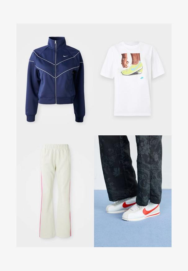 Námořnická zippovaná bunda vyrobená z hladkého materiálu má vysoký límec, bílou chevronovou výšivku a boční kapsy. Na hrudi je logo Nike.; Bílý bavlněný tričko s grafikou nohou v žlutých kopačkách Nike s modrými akcenty, doplněné náramkem na levém zápěstí.; Světlé béžové kalhoty s elastickým pasem, s růžovými bočními panely a postranními kapsami. Hladká textura s rovným střihem.; Bílé tenisky Nike s červenými akcenty, kombinované s černými kalhotami s květinovým vzorem. Povrch je hladký s plochou tkanou podrážkou.