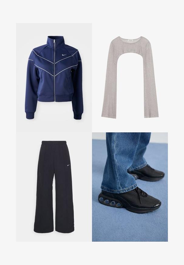 Navy zip-up jacket made of smooth fabric features a high collar, white chevron stitching, and side pockets. Nike logo on the chest.; Silver long-sleeve top with a rounded neckline and cut-out below. Made of textured fabric, featuring a fitted design and flared sleeves.; Black wide-leg pants with an elastic waistband and a small white Nike logo. Fabric has a smooth texture, designed for comfort and casual wear.; Black athletic sneakers with mesh upper, textured accents, and visible air cushioning pods in the sole. Worn with blue denim jeans.