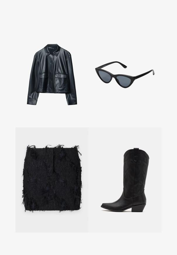 Giacca in pelle nera con colletto, chiusura a bottoni e due tasche frontali. Presenta una texture liscia e un design accorciato.; Due top senza maniche a coste, uno marrone e uno nero, esposti su uno sfondo bianco semplice.; Gonna nera con texture, caratterizzata da un design a frange sovrapposte e un orlo leggermente irregolare, realizzata in un tessuto leggero.; Stivale da cowboy in pelle nera con punta affusolata, tacco basso impilato e intricato motivo a foglia stampato sul gambale. Anello nella parte superiore per una facile indossabilità.; Occhiali da sole cat-eye neri con lenti grigie scure, montatura in plastica elegante, angoli appuntiti e tempie dritte. Nessuna ferramenta o accenti visibili.; Borse in pelle borgogna con forma curva, dettagli in oro sull'hardware e chiusura con cerniera. Presenta una tracolla staccabile.