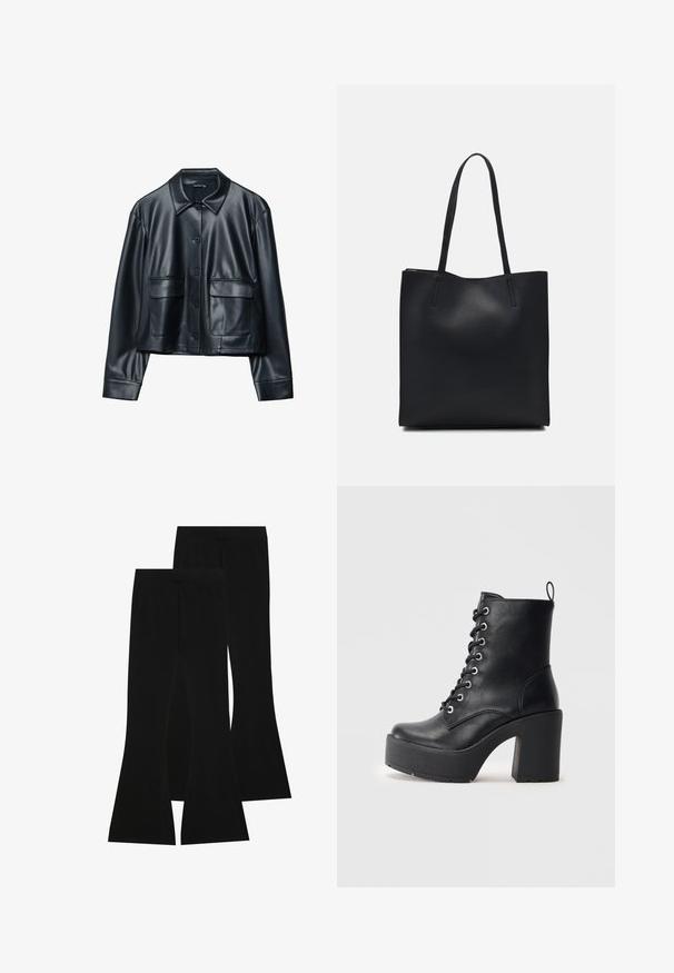 Veste en cuir noir avec un col, fermeture à bouton et deux poches avant. Présente une texture lisse et un design court.; T-shirt noir en coton, avec des manches courtes sur une couche à manches longues blanche avec un motif texturé subtil. Col rond.; Pantalons noirs évasés en tissu extensible, dotés d'une taille haute et d'une texture lisse, avec une coupe ajustée qui s'évasent à partir du genou.; Bottines en cuir noir avec un talon épais, des lacets à l'avant et une surface texturée. Elles disposent d'une languette à l'arrière pour un enfilage facile.; Sac fourre-tout en cuir noir avec une texture lisse, de forme rectangulaire et deux longues poignées. Pas de matériel ou d'ornementations visibles.