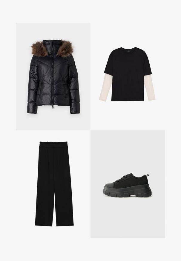Zwarte pufferjack met een rits aan de voorkant, voorzien van een donkerbruine nepbont capuchon, zijrits zakken en een quiltpatroon.; Zwarte T-shirt van katoen, met korte mouwen over een witte lange mouw laag met een subtiel textuurpatroon. Ronde hals ontwerp.; Zwarte wijde broek met een gerimpelde tailleband, voorzien van twee zijzakken en een soepele, lichte stof. Geen zichtbare patronen of hardware.; Zwarte sneakers met een stevige rubberen zool, textiel bovenwerk, ronde neus en vetersluiting. Beschikt over versterkte oogjes en een trekstrip aan de achterkant.