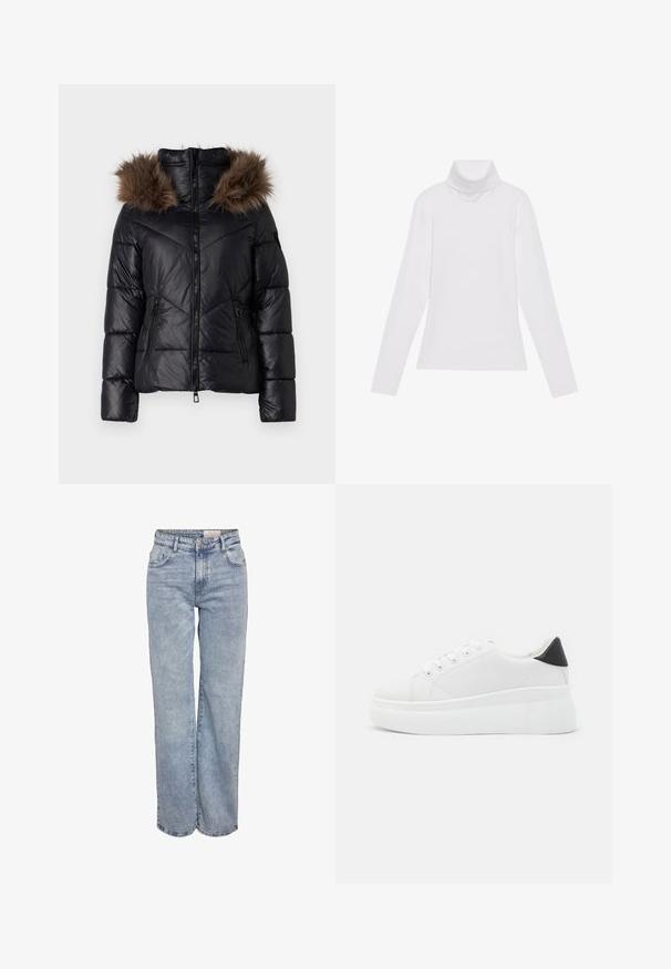 Giubbotto imbottito nero con zip frontale, dotato di cappuccio in faux fur marrone scuro, tasche laterali con zip e motivo trapuntato.; Maglia a maniche lunghe bianca a collo alto realizzata in tessuto morbido ed elastico. Presenta un colletto alto e un design aderente, senza motivi o decorazioni visibili.; Jeans a gamba larga di colore azzurro chiaro realizzati in denim, con vita alta, design a cinque tasche e leggera scoloritura per un aspetto vissuto.; Sneakers platform bianchi realizzati in materiale sintetico liscio, con punta arrotondata, design con lacci e suola in gomma texture. Accento nero nel tallone.