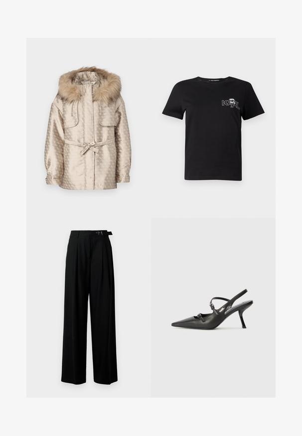 Bežna prešita jakna z kapuco obrobljeno z krznom, z vrvico v pasu, dvema sprednjima žepoma in vzorčeno teksturo po celotni površini. Ima dolge rokave.; Črna kratka majica s slevenami iz bombaža. Opremljena z belo grafiko z besedilom "KARL" in stilizirano postavo na prsih. Okrogla ovratnica.; Črne široke hlače z visokim pasom, gubami spredaj in pasom z zaponko. Narejene so iz gladkega, lahkega materiala.; Črne usnjene sandale na peto s koničastim nosom, vitko peto in okrasno zaponko na sprednjem delu. Gladka tekstura in eleganten dizajn.