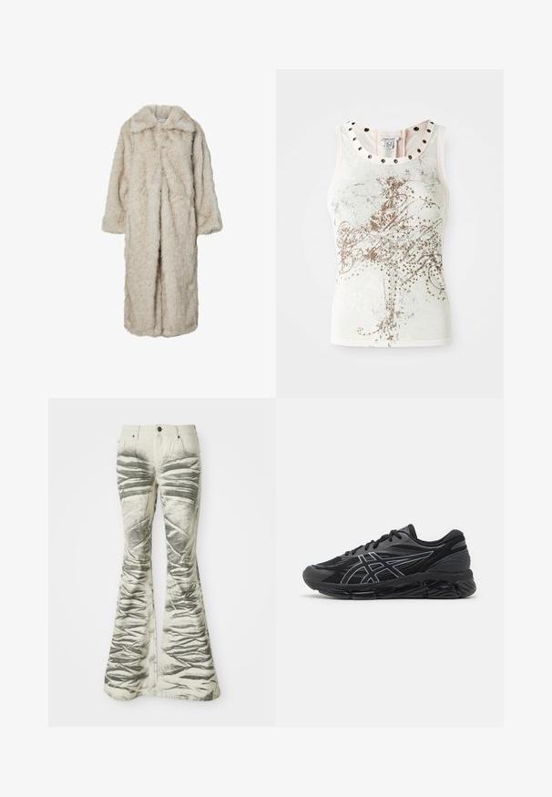 Ilgas dirbtinio kailio paltas šviesiai bežinės spalvos, su iškirpte ir ilgomis rankovėmis. Minkšta tekstūra su pūkuota išvaizda ir be matomų užsegimų.; Beigių atspalvių be rankovių marškinėliai su dekoratyviniais auksiniais raštais ir nagų akcentais aplink iškirpimą. Sklandus, minkštas audinio paviršius.; Šviesių spalvų platiems džinsams su juodomis tekstūruotomis horizontaliomis juostelėmis ir raukšlių detalėmis, su priekinėmis kišenėmis ir metaliniu segtuku.; Vyrų bėgimo bateliai juoda tinklelio medžiaga su atspindinčiais sidabriniais akcentais, turintys paminkštintą padą ir tekstūruotą paviršių praižei.