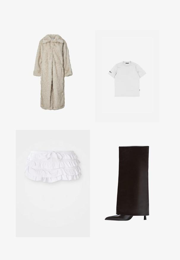 Cappotto lungo in pelliccia sintetica di un beige chiaro, dotato di colletto a rever e maniche lunghe. Texture morbida con un aspetto soffice e senza chiusure visibili.; Maglietta bianca in cotone con maniche corte, collo tondo e un piccolo logo nero ricamato sulla manica sinistra. Texture semplice e liscia.; Gonna da bagno bianca a balze con più strati, dotata di vita con cordoncino per la regolazione. Tessuto morbido con una texture liscia.; Stivale nero al ginocchio realizzato in pelle liscia, con punta appuntita e tacco sottile. Design minimalista con una silhouette elegante e strutturata.