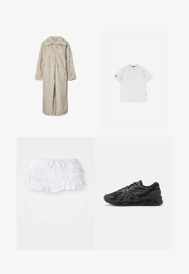 Dlhý kabát z faux kožušiny v svetlo béžovej farbe, so zaobleným golierom a dlhými rukávmi. Mäkka textúra s nadýchaným vzhľadom a bez viditeľných zapínaní.; Biela bavlnená tričko s krátkymi rukávmi, okrúhlym výstrihom a malým čiernym logom vyšitým na ľavom rukáve. Jednoduchá a hladká štruktúra.; Biela plávková sukňa s volánmi a viacerými vrstvami, so šnúrkou v páse na úpravu. Mäkká látka s hladkým povrchom.; Pánske bežecké topánky v čiernej sieťovine s reflexnými striebornými akcentmi, s polstrovanou podrážkou a štruktúrovaným povrchom pre lepšiu priľnavosť.