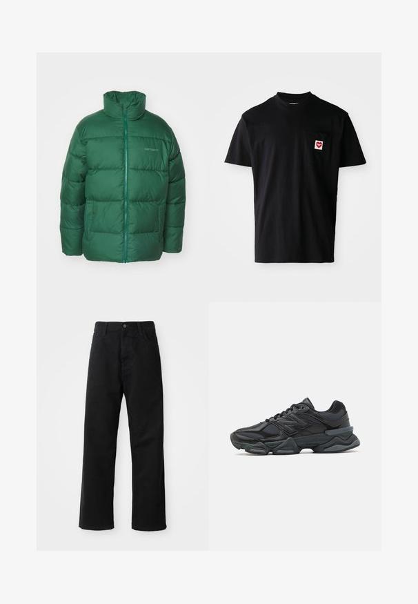 Zielona kurtka puchowa z wysokim kołnierzem, pionowym wzorem pikowania i zamkiem błyskawicznym z przodu. Posiada dwie boczne kieszenie i dyskretną logo na klatce piersiowej.; Czarna bawełniana koszulka z okrągłym dekoltem, krótkimi rękawami i kieszenią na lewej piersi z czerwonym haftem w kształcie serca oraz białym tekstem.; Czarne dżinsy o prostym kroju, z przednimi kieszeniami, zamkiem błyskawicznym i pojedynczym guzikem z przodu. Teksturowana tkanina o matowym wykończeniu.; Czarne buty biegowe z mieszanką siateczki i materiałów syntetycznych, masywną podeszwą, opływowym kształtem oraz wyraźnym brandingiem z boku.