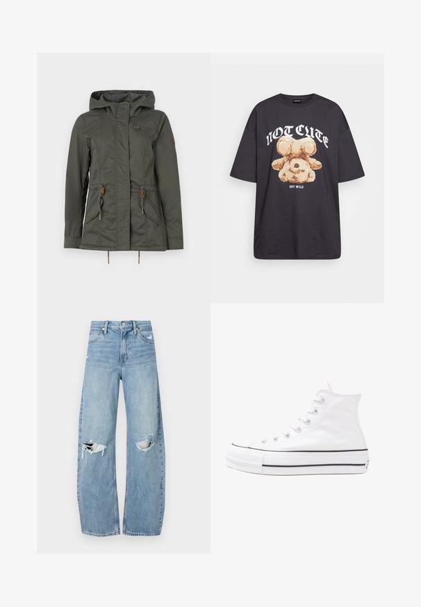 Olivově zelená bunda s kapucí, se zipem na hrudi, dvěma předními kapsami, stahovacími šňůrkami v pase a hnědými akcenty na kovových prvcích.; Černé oversized tričko s grafikou medvěda a textem „NENÍ CUTE, ALE DIVOKÝ“ v tučném bílém písmu. Bavlněný materiál.; Světle modré džíny s vysokým pasem vyrobené z denimu. Mají široké nohavice, dvě roztržené oblasti na kolenou a klasický pětikapsový střih.; Bílé vysoké plátěné tenisky s černou gumovou podrážkou, přední gumovou špičkou a šesti očky na tkaničky, se čistým, minimalistickým designem.