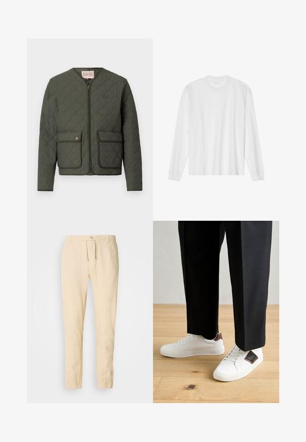 Jachetă verde matlasată cu guler rotund, fermoar în față, două buzunare cu clapetă și detalii discrete cu logo. Prezintă un design texturat și căptușit.; Tricou alb din bumbac, cu mânecă lungă, gât rotund și manșete ribotate. Design simplu, fără ornamentație, cu o textură netedă și o croială standard.; Pantaloni din in bej deschis cu talie reglabilă, cu picioare conice și manșete elastice. Design simplu, cu o textură subtilă.; Sneakers albe cu textură netedă, având accente din piele maro și detalii negre, asociate cu pantaloni negri pe măsură. Fundal din podea din lemn.