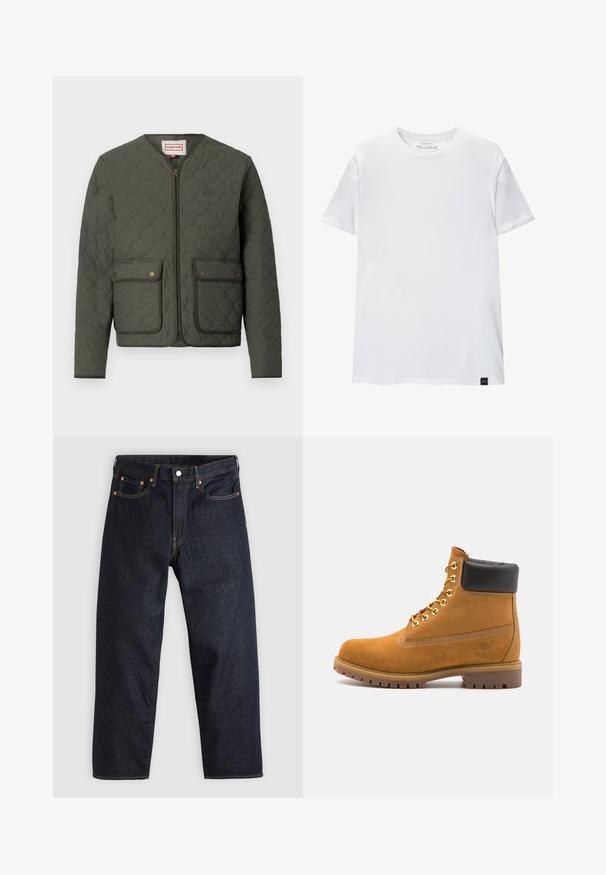 Jachetă verde matlasată cu guler rotund, fermoar în față, două buzunare cu clapetă și detalii discrete cu logo. Prezintă un design texturat și căptușit.; Tricou alb, ajustat pe corp, din bumbac. Gât rotund, mâneci scurte, textură netedă. Etichetă mică de logo negru la margine. Design simplu.; Jeans de denim albastru închis, cu croială dreaptă, cinci buzunare, cusături contrastante de portocaliu și fermoar cu buton. Fără modele sau embellishments vizibile.; Cizmă de gleznă din întoarsă de culoare bej, cu guler negru căptușit, ochiuri din metal auriu, detalii de cusătură albă și talpă din cauciuc robustă, cu un model pronunțat.