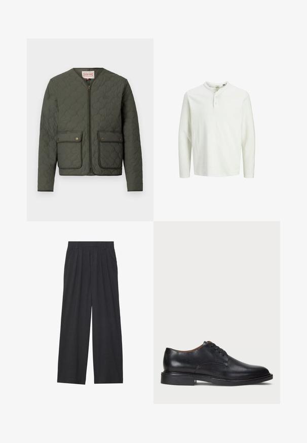 Käepärane roheline jakk ümmarguse kaelusega, ees lukuga, kahe klapiga taskuga ja diskreetse logodetailiga. Omab tekstuurset, polsterdatud disaini.; Valge pika varrukaga henley särk kolme nupuga ja ümmarguse kraega, esitatud lihtsal valgel taustal.; Laiene püksid, mis on valmistatud tumedast hallist kangast. Omavad vööümbrikus voldikuid, on kohandatud disainiga ja sirge siluett.; Must musta kleitjalats ümarate varvastega, paeltega disain ja madal virnastatud konts. Sile tekstuur minimaalsete õmblustega.