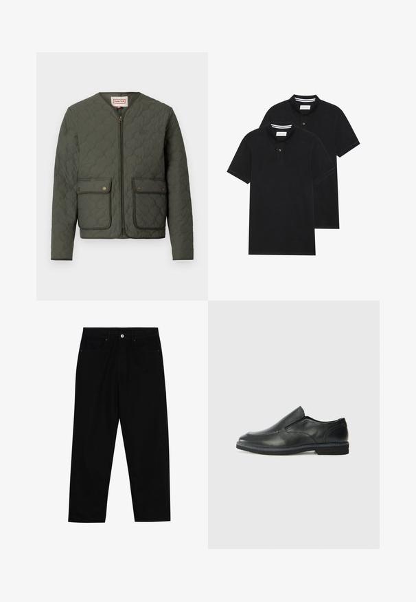 Quilted grønn jakke med rund hals, frontglidelås, to klafflommer og subtil logo-detalj. Har et strukturert, polstret design.; To svarte polo skjorter, kortermet, i bomullsmateriale, med krage i klassisk stil, to-knapps knappestolpe, og hvite striper inni kragen.; Sorte denimbukser med rett benklipp, fem-lomme design og frontknappåpning. Jevn tekstur med minimale sømdetaljer.; Sorte skinn slip-on sko med en jevn overflate, stikking detaljer, rund tå og en lav gummihæl. Sålen har minimal mønstring.