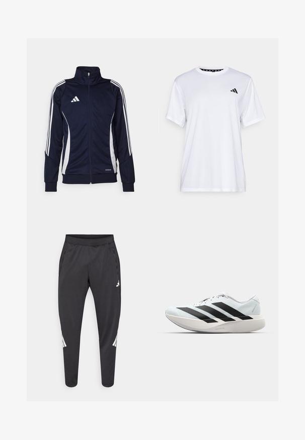 Mornarska atletska jakna iz gladkega blaga, z belimi črtami na rokavih in visokim ovratnikom. Logotip na prsih, zadrga spredaj.; Bela športna majica s kratkimi rokavi, izdelana iz tkanine, ki odvaja vlago. Ima črn logotip na levem prsnem delu in vzorčasto notranjo vratno odprtino.; Črne športne hlače z zoženimi hlačnicami, elastnim pasom, stranskimi žepi ter belim logotipom in črtami. Narejene iz gladkega, lahkega materiala.; Lahki tekaški čevlji v svetlo modri barvi z belimi črtami. Imajo gladek zgornji del, okroglo kapico in debel bel srednji podplat z označbo "LIGHTSTRIKE PRO."