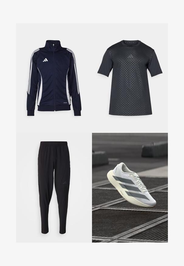 Námořnická sportovní bunda vyrobená z hladké látky, se bílými pruhy na rukávech a vysokým límcem. Logo na hrudi, zapínání na zip vpředu.; Černá košile s krátkým rukávem, která má na přední straně strukturovaný geometrický vzor a hladký zadní díl, vyrobená z lehkého a prodyšného materiálu.; Černé sportovní kalhoty s elastickým páskem, zúženým střihem, bočními kapsami a nenápadným logem. Vyrobeno z pružné, prodyšné látky.; Bílá sportovní obuv s texturovaným síťovaným svrškem, zdobená šedými pruhy a polstrovanou podrážkou. Lehký design vhodný na běhání.