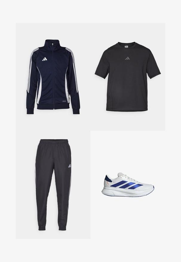 Marine atletisk jakke lavet af glat stof, med hvide striber på ærmerne og en høj krave. Logo på brystet, lynlås lukning foran.; Sort atletisk t-shirt lavet af åndbart materiale, med korte ærmer, rund hals og et reflekterende logo på brystet.; Svarte sportbukser med elastisk talje, med hvide striber langs siderne og et lille logo ved hoften. Glat tekstur.; Hvide atletiske sko med blå accenter, mesh-overdel, tre blå striber, rund tå, letvægts sål og tekstureret overflade for greb.